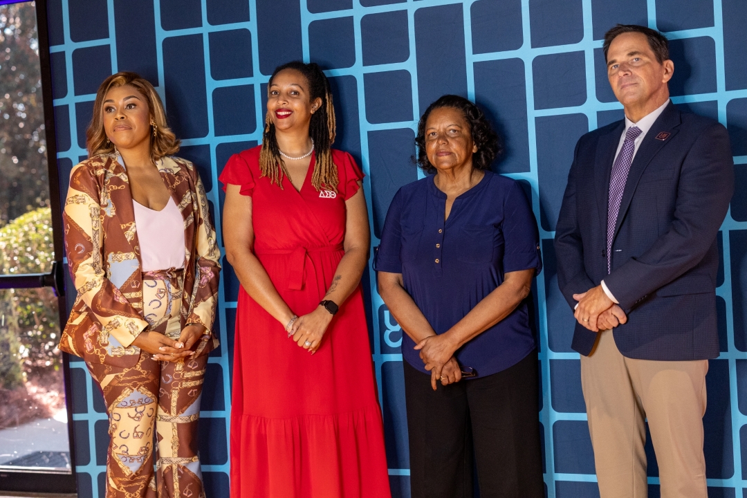 Daniele Ligons, 2012 USCA alumna (far left); Carmen Williams, USCA director of Alumni Relations; Barbara Brayboy Brooks, USCA's first Black student in 1965; and Dr. Daniel Heimmermann, chancellor of USCA (far right).