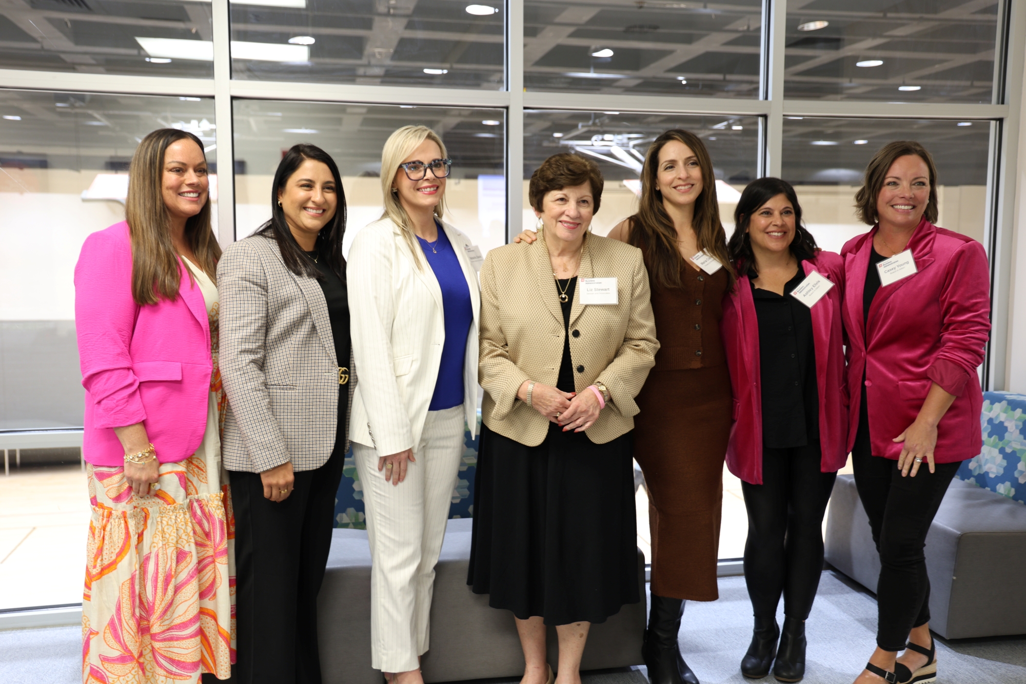 List of panel speakers pictured starting from the left:  Tiffany McGhee, (realtor), Valerie LeBron (partner and business director at BlueCrew Construction), Tasha Davis (nurse practitioner and owner of Downtown Hydration & Wellness), Liz Stewart (middle), Maria Conde (founder of Conde Fitness and Recovery), Ashley Elvis and Casey Young (co-owners of Board in Aiken).