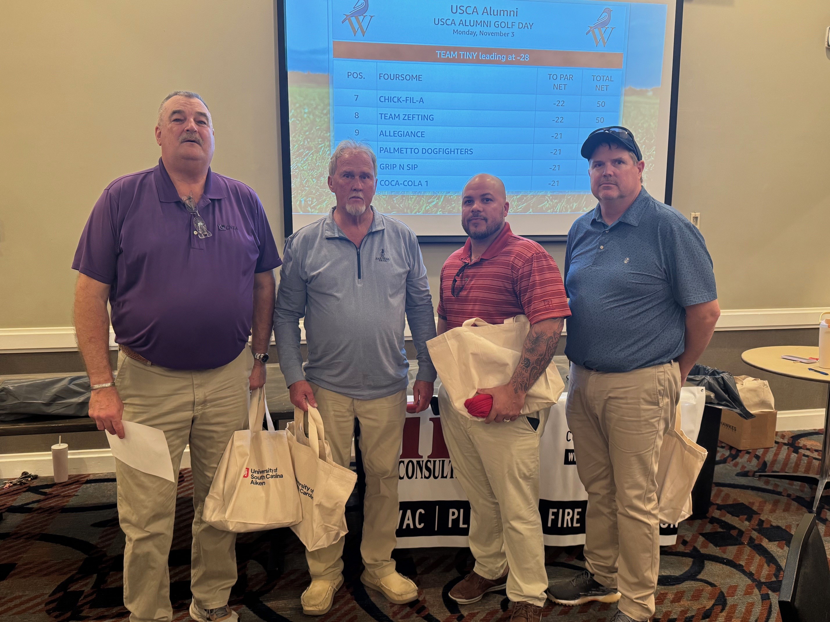Team Tiny, which included Charles Hodge, Darryl Giles, John Beckham and Dallas Smith, won the 20th annual Scholarship Scramble.  USCA photo by Carmen Williams.